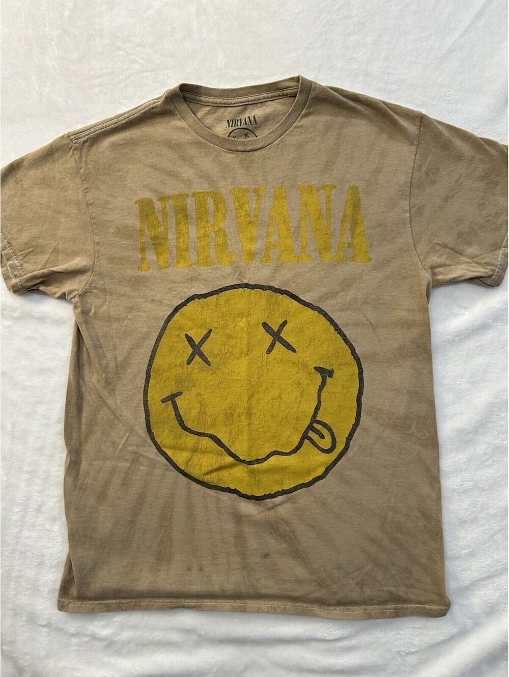 Vintage Nirvana Smiley Face Brown 100% Cotton T-Shirt Size S Rock & Music Y2K